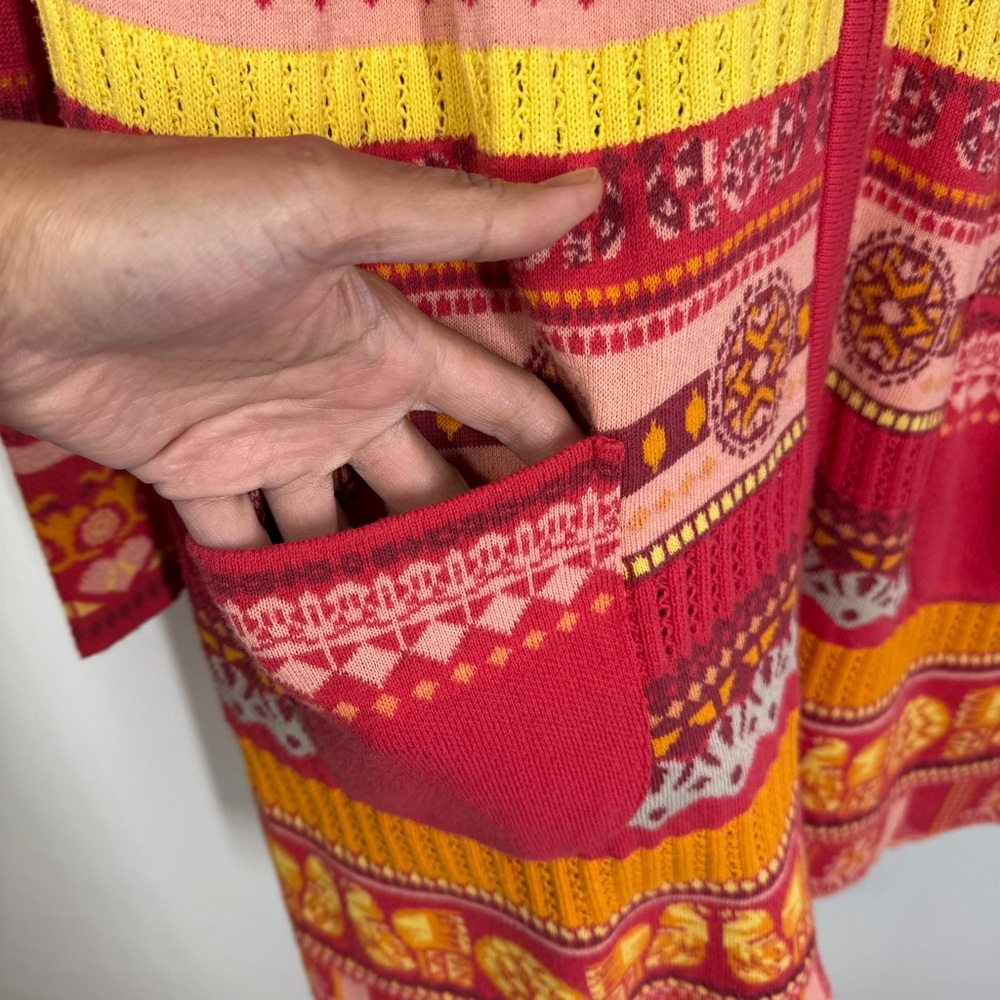 KOOI Knit Vibrant Red Orange Patterned Cardigan Nordic Fair Isle Zip Cotton - Picture 5 of 16